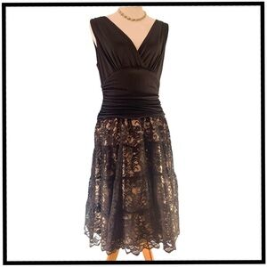 J.R. Nites byCarol Lin Fit & Flare Black Lace / Champagne Cocktail Dress [Sz 14]